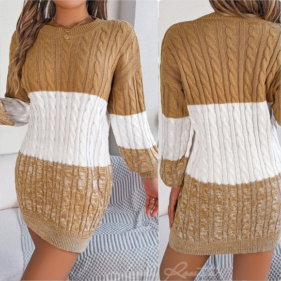 Stylish Color Block Cable-Knit Sweater Dress - Picture 7 of 9